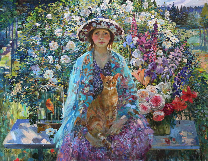 Artistic Painting Birdcage Cat, Flower Garden Painting Images Free