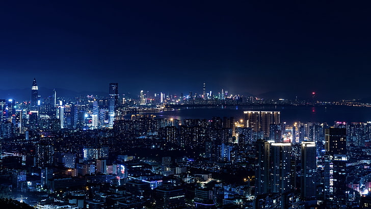 city buildings, night, city lights, metropolis , blue, building exterior