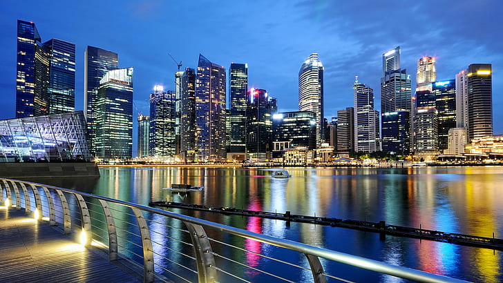 Singapore, city, evening, dusk, lights, buildings, water
