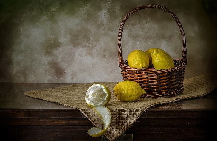 still life, lemons, baskets, healthy eating, container, food