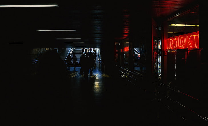 night, city, dark, subway, underground, stairs, black, red