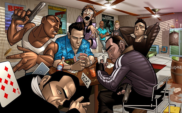 eight men playing cards inside bar, Grand Theft Auto, video games, HD wallpaper