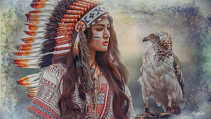 native American and eagle artwork, bird, feathers, painting, girl Indian