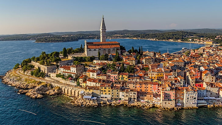 sea, Rovinj, building, city, architecture, tower, Croatia, cityscape