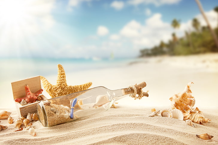 clear glass bottle, sand, sea, beach, summer, the sun, stay, shore