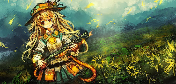 original characters, anime girls, girls with guns, sunflowers, HD wallpaper