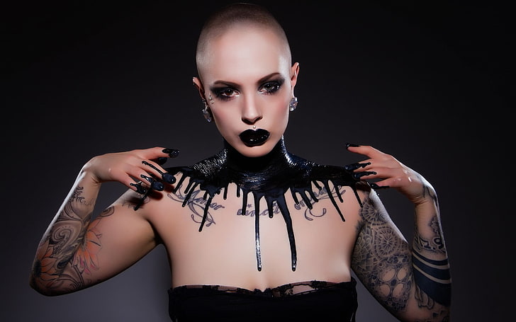 women, model, Gothic, spooky, shaved head, tattoo, bald, studio shot, HD wallpaper