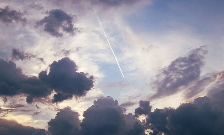 white and gray cloudy sky, airplane, clouds, aircraft, contrails
