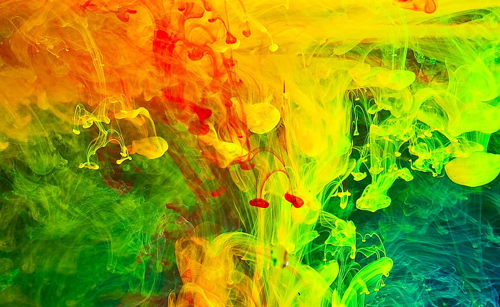 Colorful Paint in Water, yellow, green, and red smok digital wallpaper