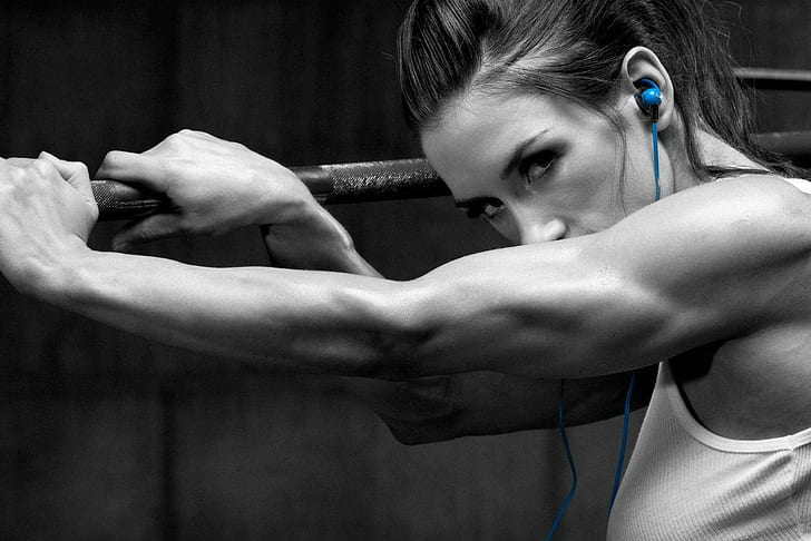 barbell, selective coloring, face, skinny, fitness model, sport