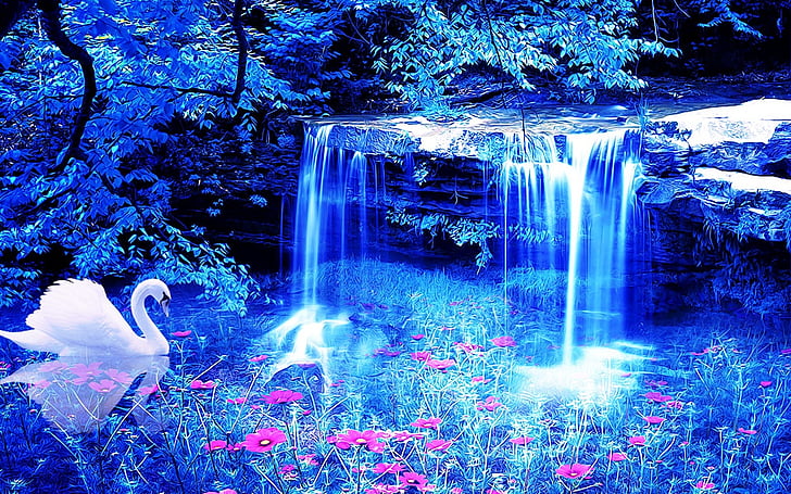 flowers, swan, waterfall