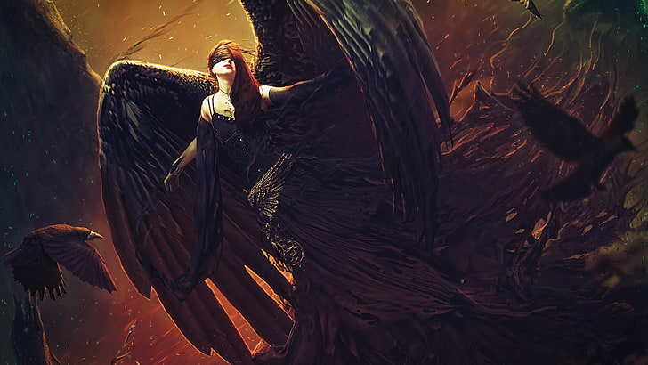 woman with black wings digital wallpaper, angel, fantasy art