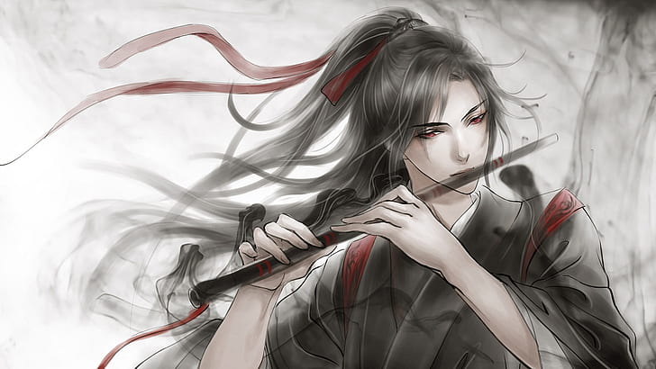 grey background, flute, red eyes, long hair, red ribbon, black magic, HD wallpaper