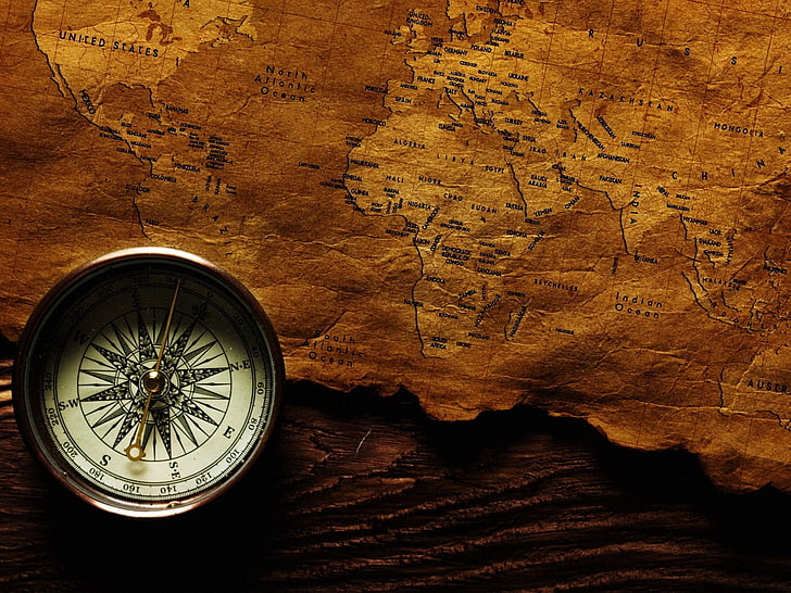 silver compass and brown map, shadow, direction, discovery, north, HD wallpaper