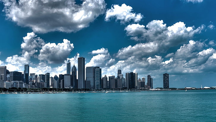 Chicago, USA, skyline, clouds, skyscraper, water, architecture, HD wallpaper