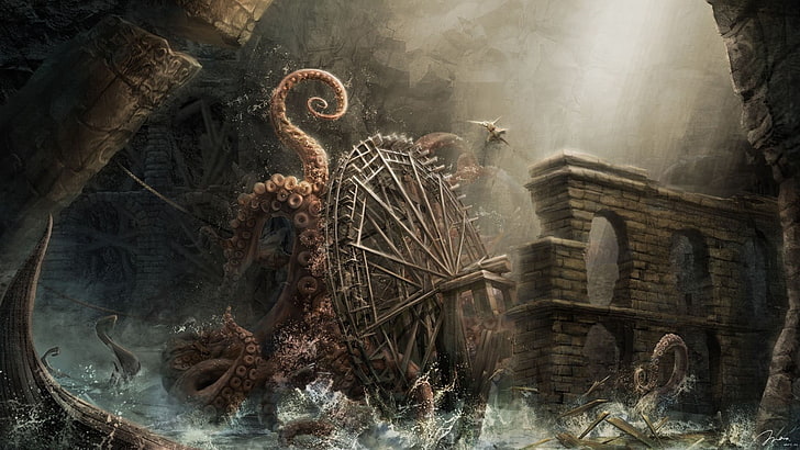 mill, octopus, fantasy art, artwork, Kraken, tentacles, architecture, HD wallpaper