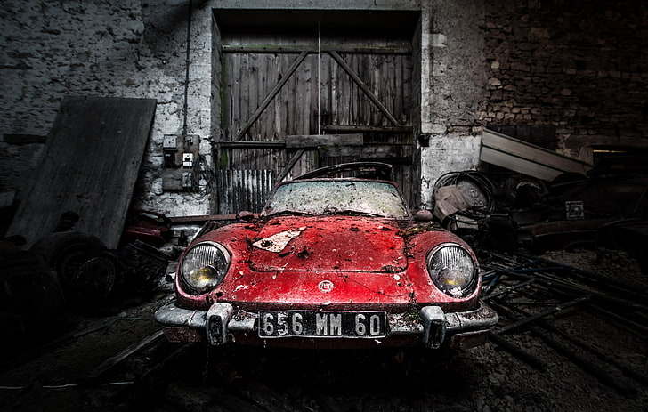 car, old, vehicle, red cars, wreck, old car, mode of transportation