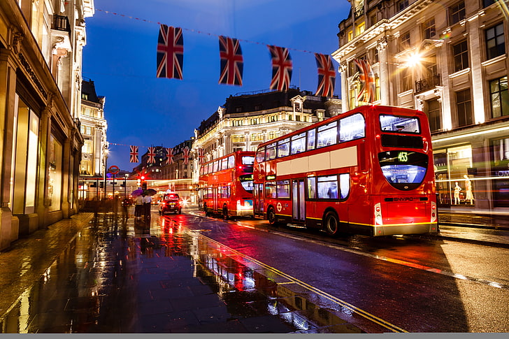 red commuter bus, night, lights, England, London, street, buildings
