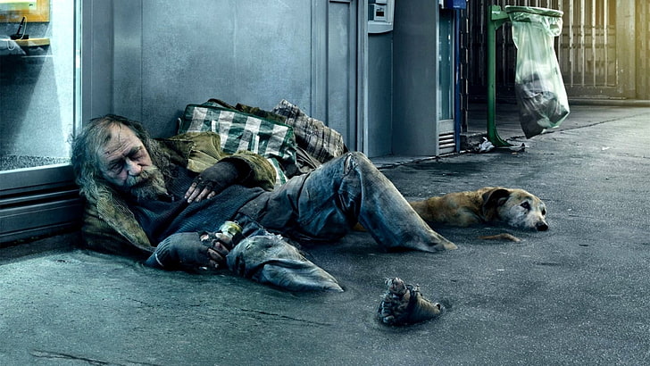 men's blue faded jeans, old people, photo manipulation, dog, homeless
