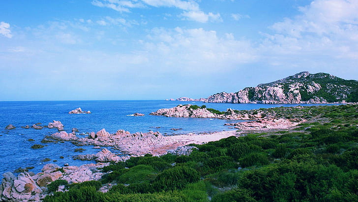 Rocky Shore In Olbia Sardinia, grass, clouds, nature and landscapes, HD wallpaper