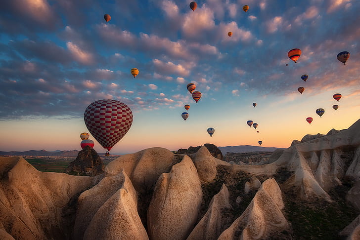balloons, rocks, the evening, Turkey, Cappadocia, Materov., HD wallpaper