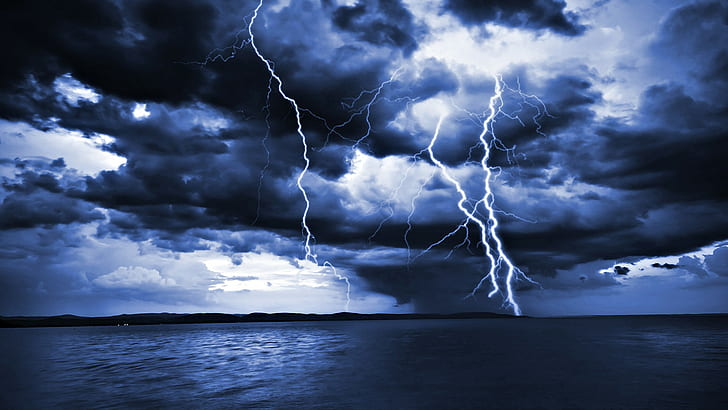 Lightning, photography, sea, storm, water, HD wallpaper