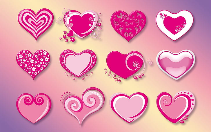 Many love hearts, pink, red, vector, HD wallpaper