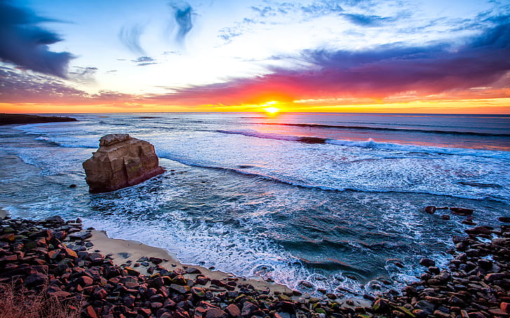 San Diego California Sunset Coast Stones Sandy Beach Ocean Waves Orange Red Sky Clouds Horizon Hd Wallpapers For Desktop Mobile Phones And Laptop 3840×2400