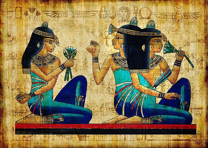 three pharaohs painting, brunette, girl, ancient, egypt, drawing, HD wallpaper