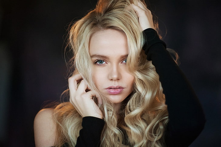 blue eyes, women, face, Maria Popova, hands in hair, blonde, HD wallpaper