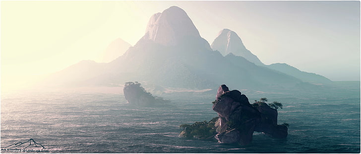 mountains, sea, render, 3D, digital art, fog, water, nature