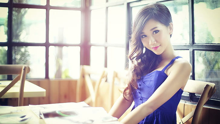 Pretty beauty, desk, beauty, hair, blue skirt, seductive beautiful, HD wallpaper