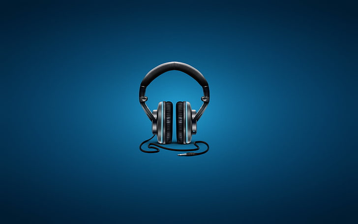gray and black corded headphones illustration, music, blue background