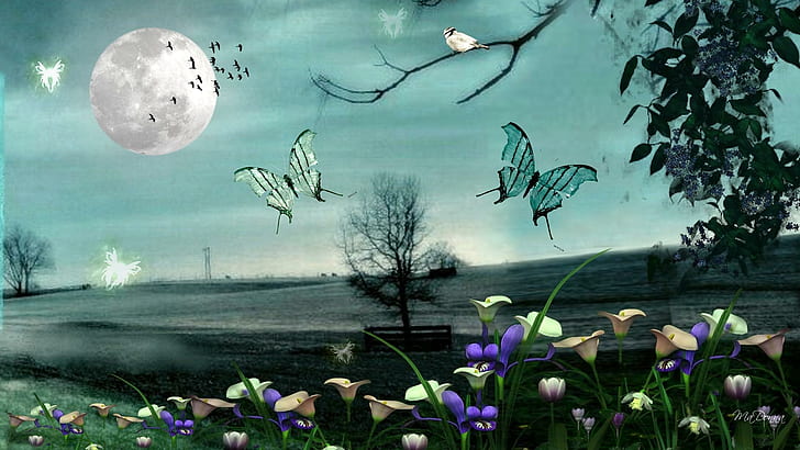 Night Butterflies, butterfly; moon flowers pinting, full moon, HD wallpaper