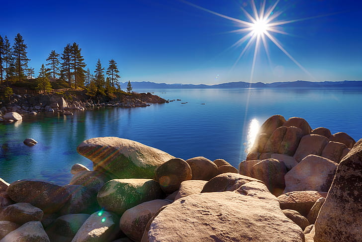 beige stones on body of water, Sand, Harbor, landscape, blue  sun, HD wallpaper