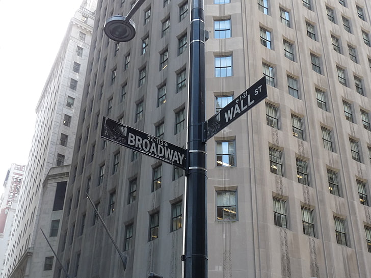 Broadway St and Wall St signage, New York City, Wall Street, road sign