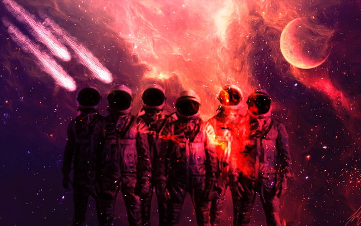 six astronauts illustration, space, Moon, comet, night, nature, HD wallpaper