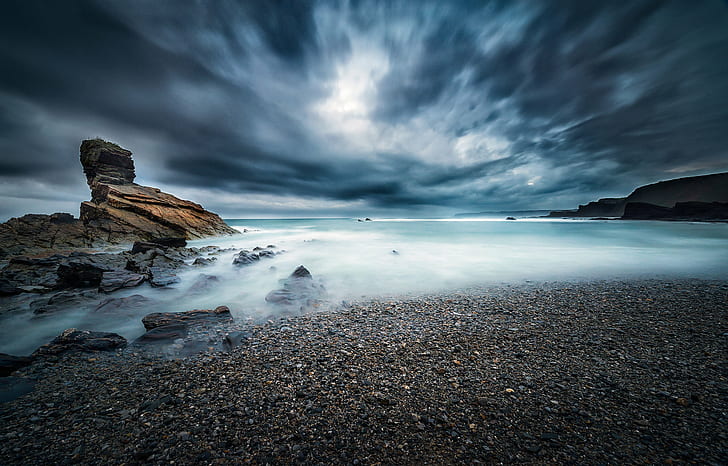 stones on seashore under clouded sky, Alone in the dark, sky  landscape, HD wallpaper
