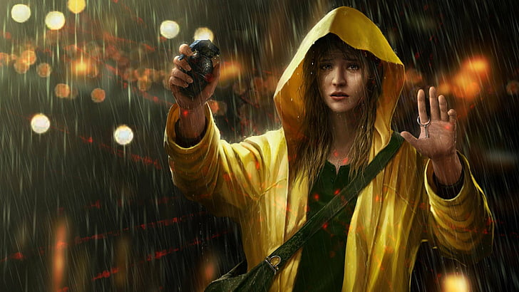 crosshairs, girl, grenade, rain, raincoat, women