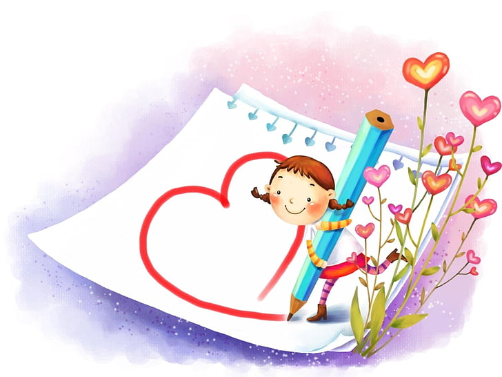 girl drawing heart and flowers illustration, child, computer Graphic, HD wallpaper
