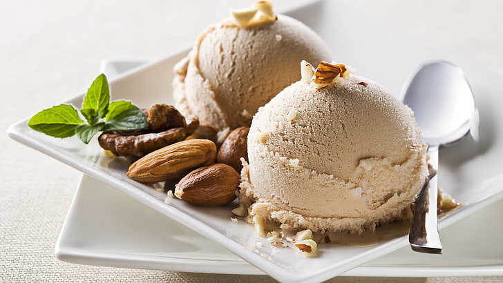 ice cream on ceramic plate, food, dessert, nuts, spoons, walnuts, HD wallpaper