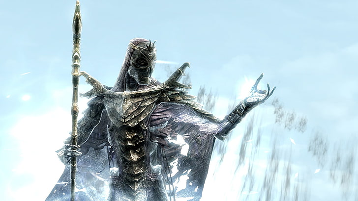 person wearing armor while holding staff digital wallpaper, The Elder Scrolls V: Skyrim