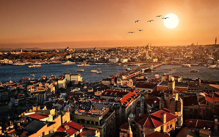 Turkey, Istanbul, beautiful city scenery, sunset, buildings, houses, river, city houses and buildings