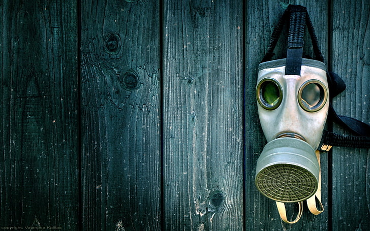 gas masks, artwork, wood - material, security, safety, metal, HD wallpaper