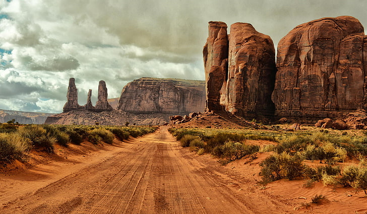 brown rock formation, road, sand, clouds, rocks, AZ, USA, the bushes