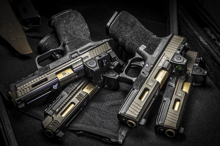 four black pistols, weapons, guns, Glock, SAI Griffon, handgun