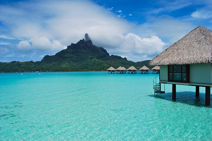 brown nipa hut, tropical, bungalows, sea, beautiful, summer, vacations, HD wallpaper