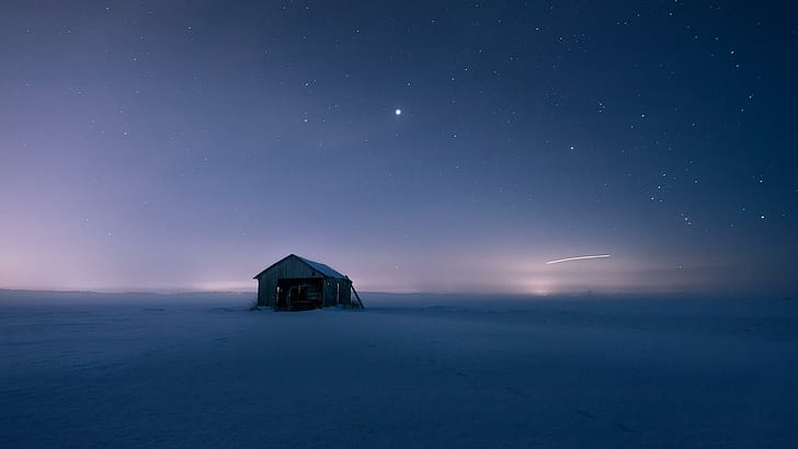 Snow, house, quiet night, the stars, the beautiful scenery alone, HD wallpaper