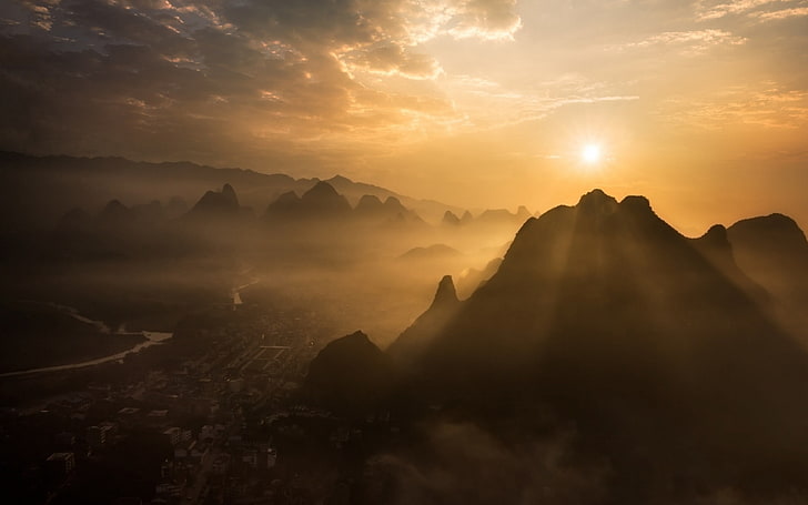 untitled, nature, landscape, mist, mountains, Guilin, river, clouds, HD wallpaper