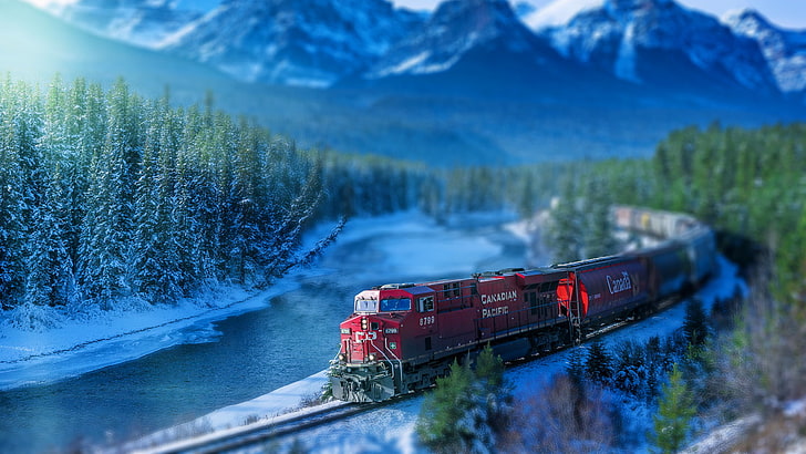 red train, photo of red train, winter, landscape, mountains, river